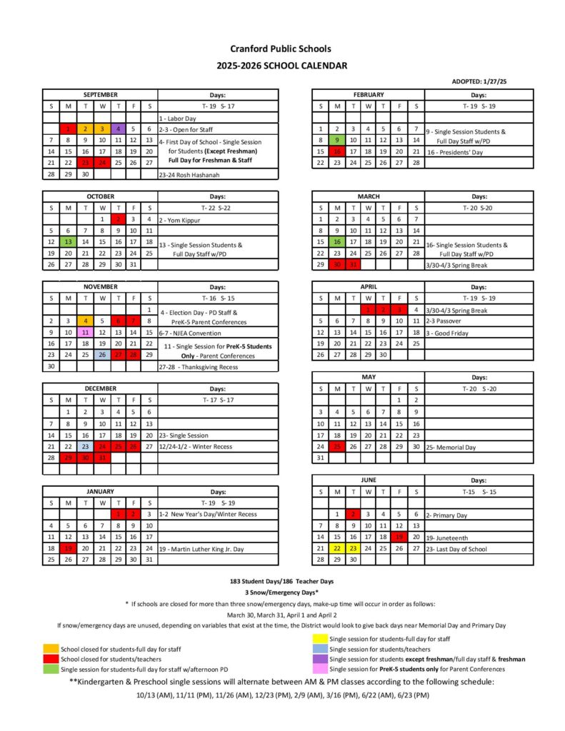 Cranford Public School District Calendar 2025-2026