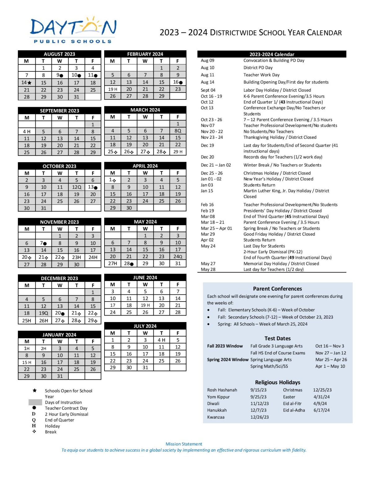 Dayton Public Schools Calendar 2024 (Ohio)