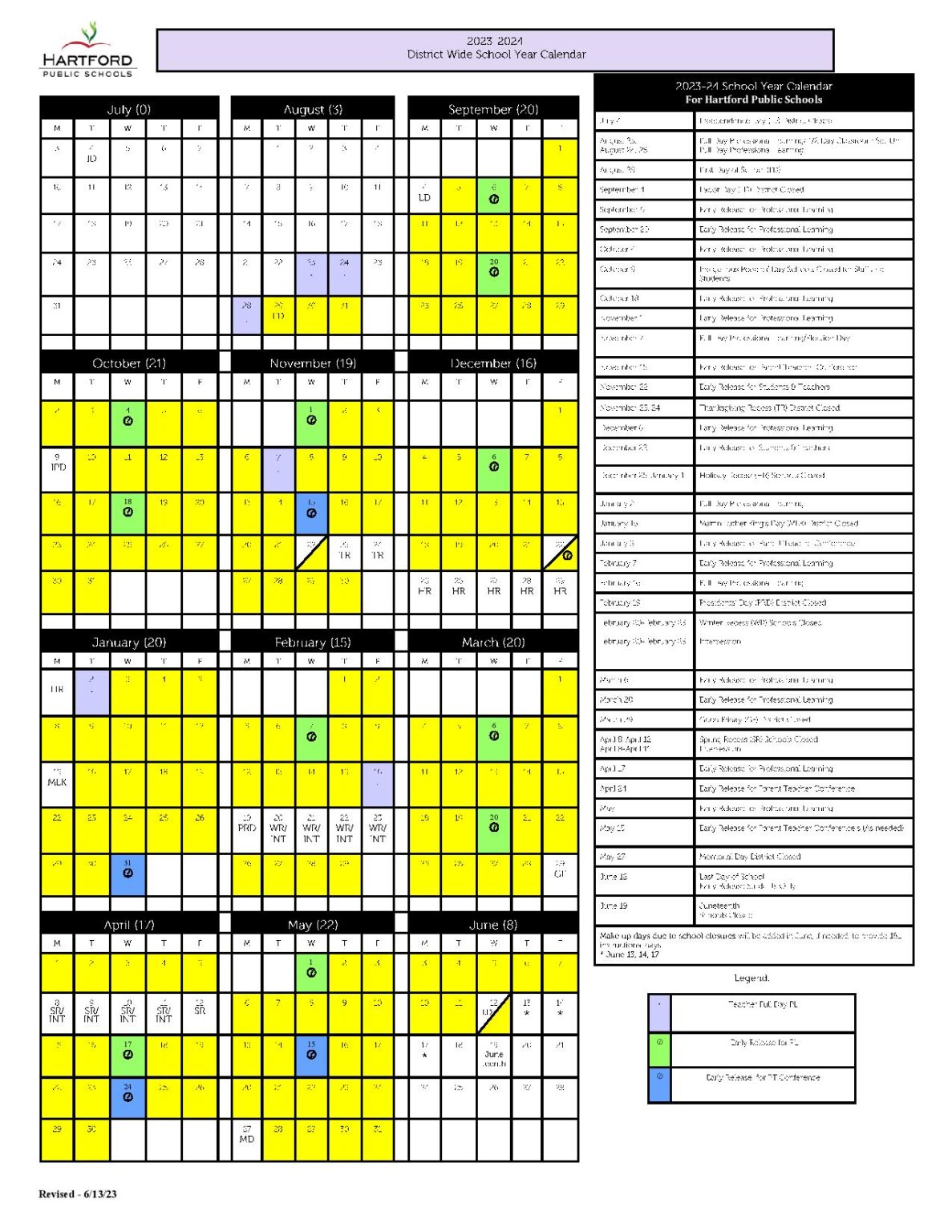 Hartford Public Schools Calendar 2024 in PDF