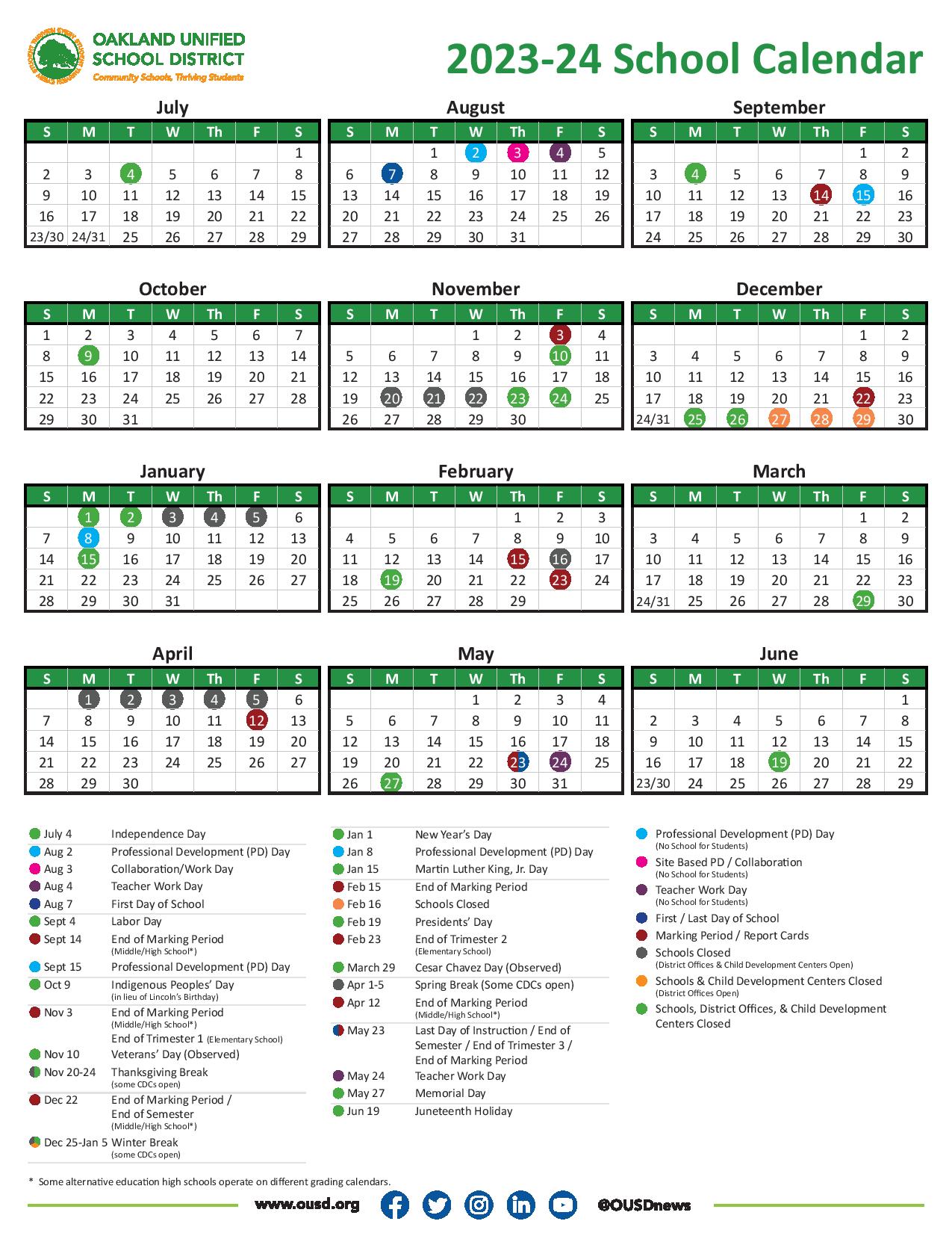Oakland Unified School District Calendar 2024 PDF