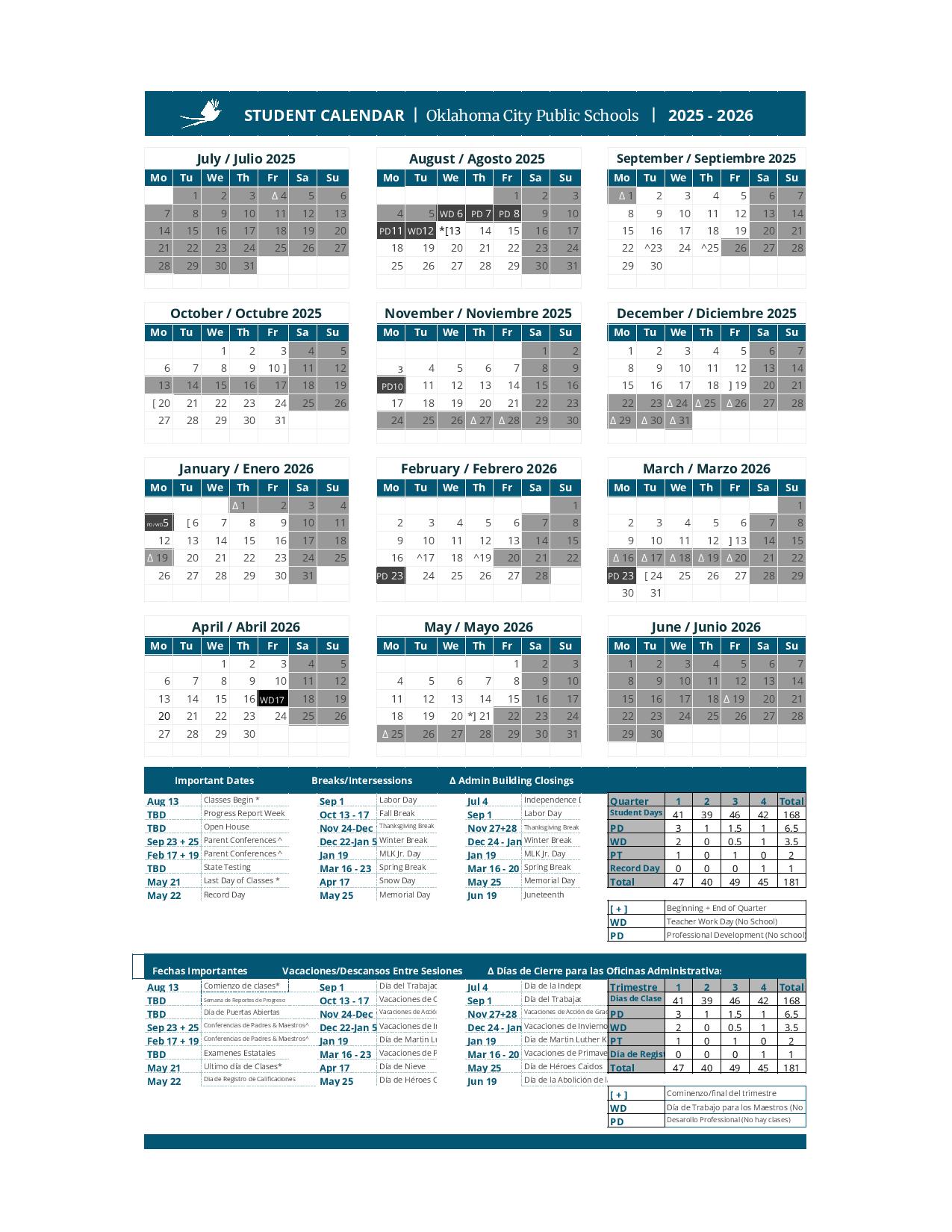 Oklahoma City Public Schools Calendar Holidays 20252026 PDF