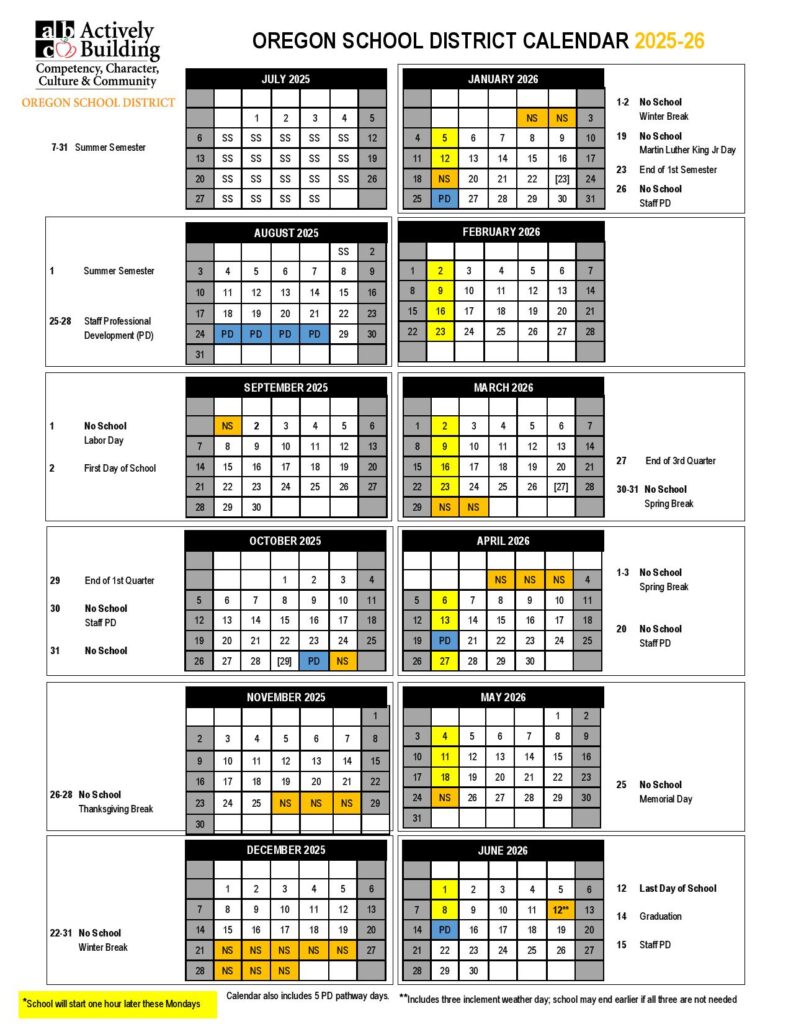 Oregon School District Calendar 2025-2026