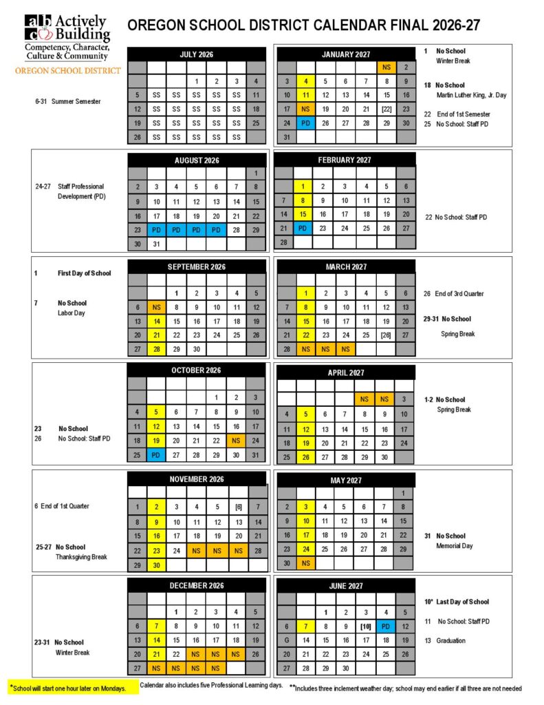 Oregon School District Calendar 2026-2027