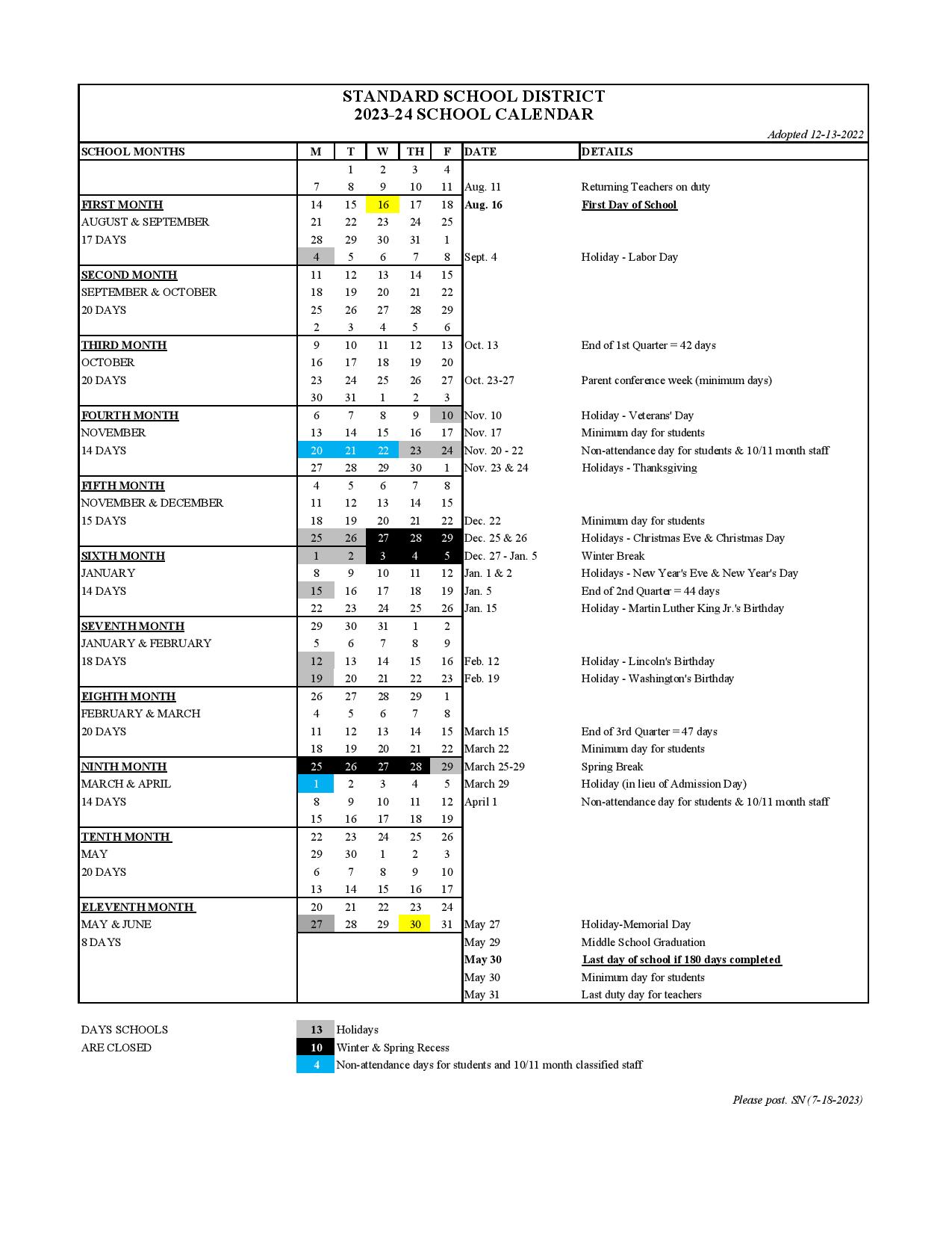 Standard Elementary School District Calendar 2024