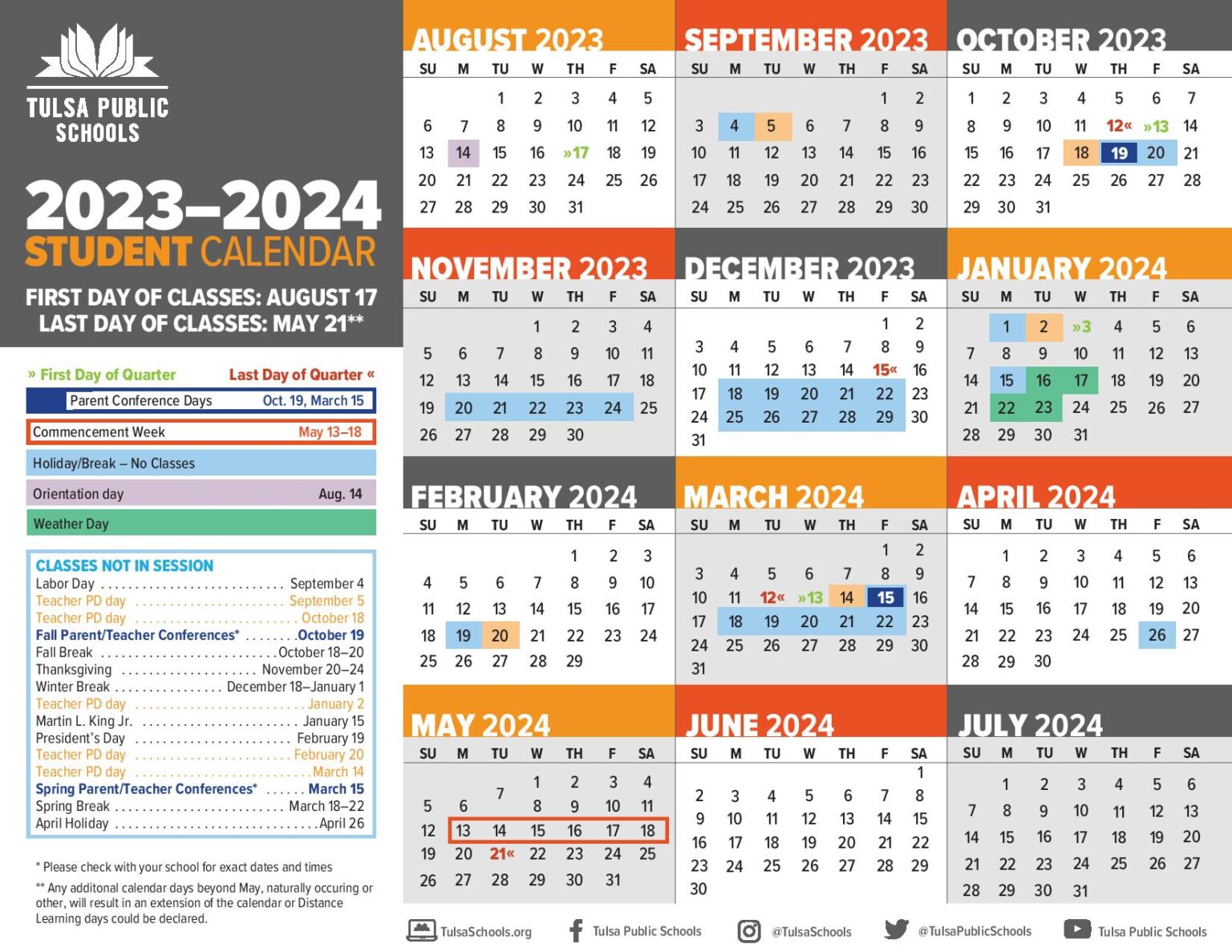 Tulsa Public Schools Calendar 2024 with Holidays