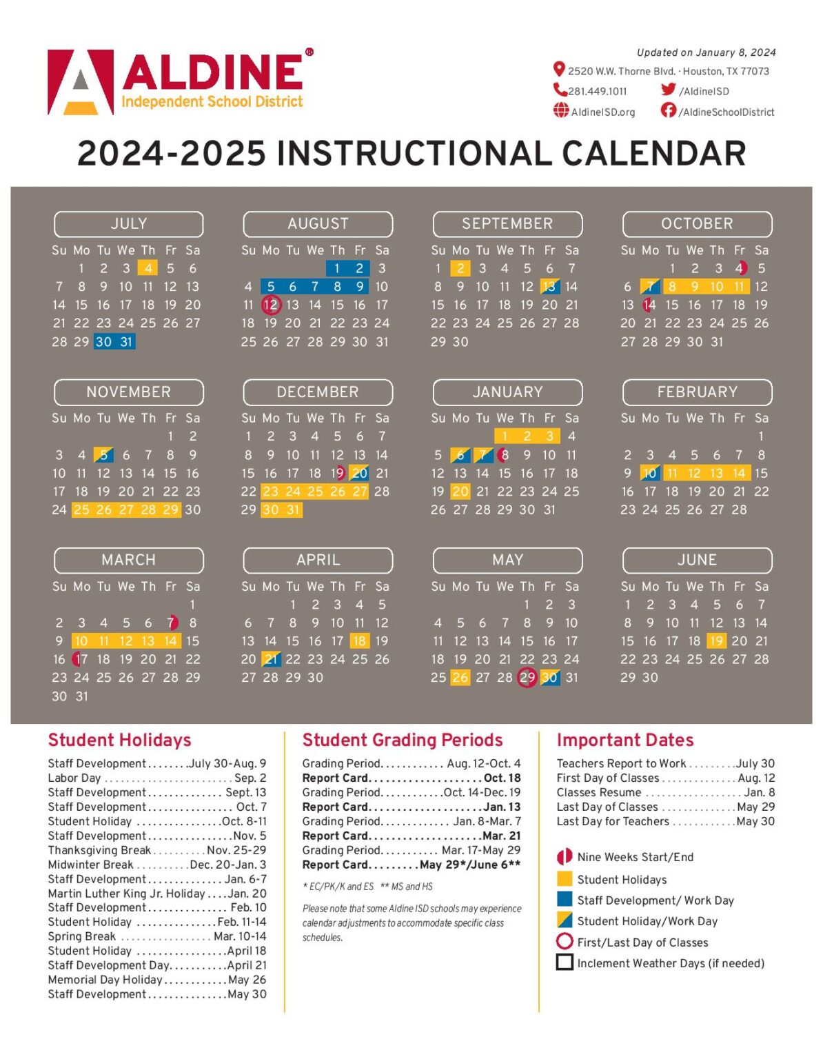 Aldine Independent School District Calendar 20242025 in PDF