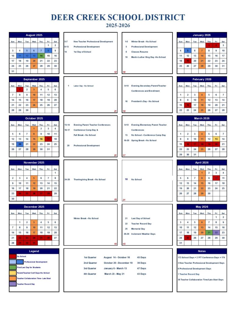 Deer Creek Schools Calendar 2025-2026