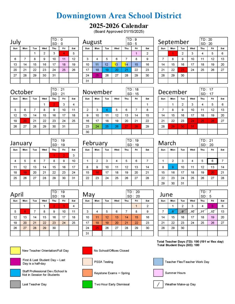Downingtown Area School District Calendar 2025-2026
