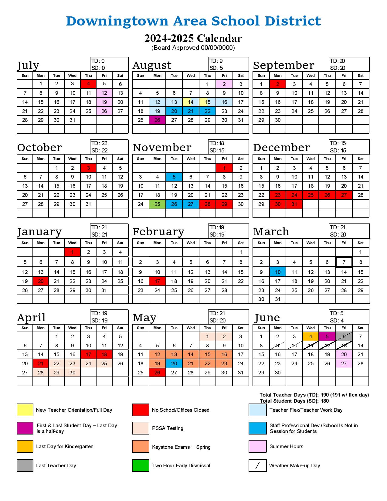 Downingtown Area School District Calendar 20242025 (Pennsylvania)