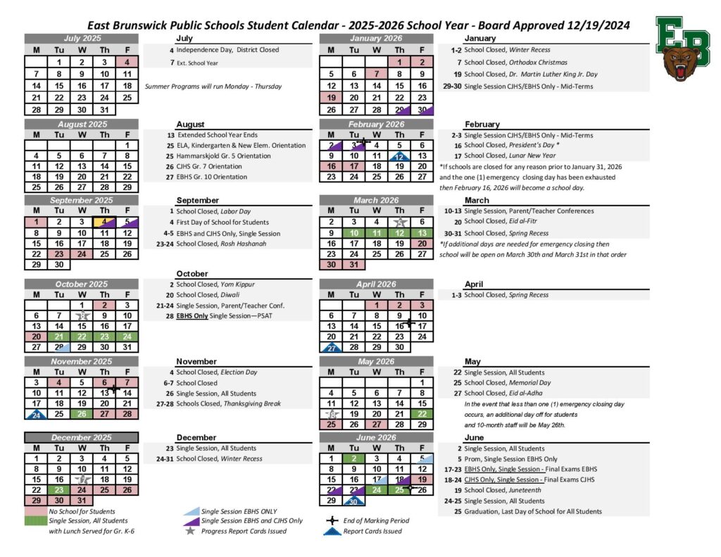 East Brunswick Public Schools Calendar 2025-2026