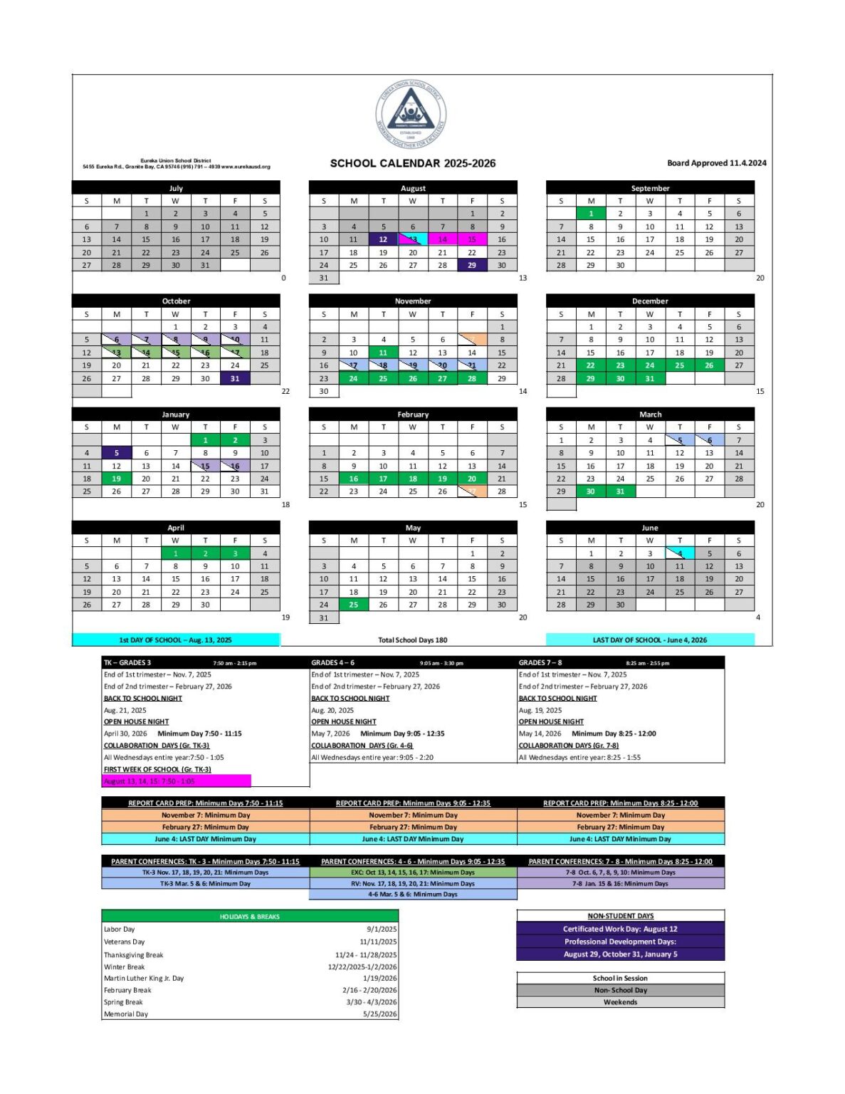 Eureka Union School District Calendar 20252026 in PDF