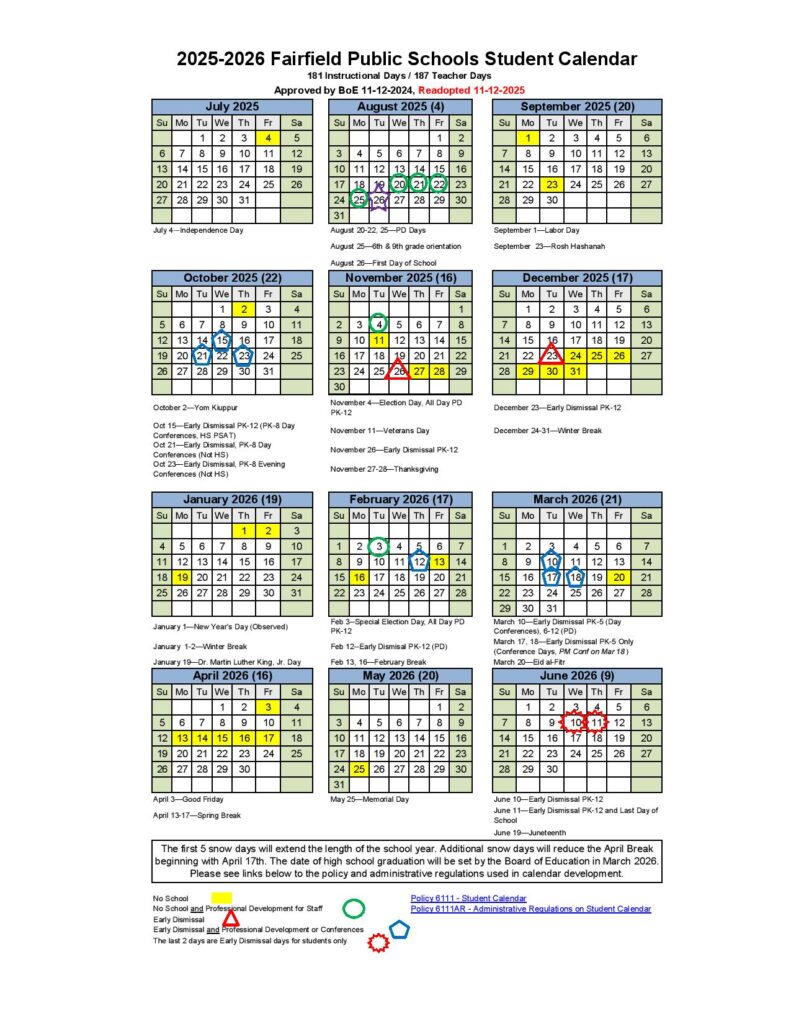 Fairfield Public Schools Calendar 2025-2026