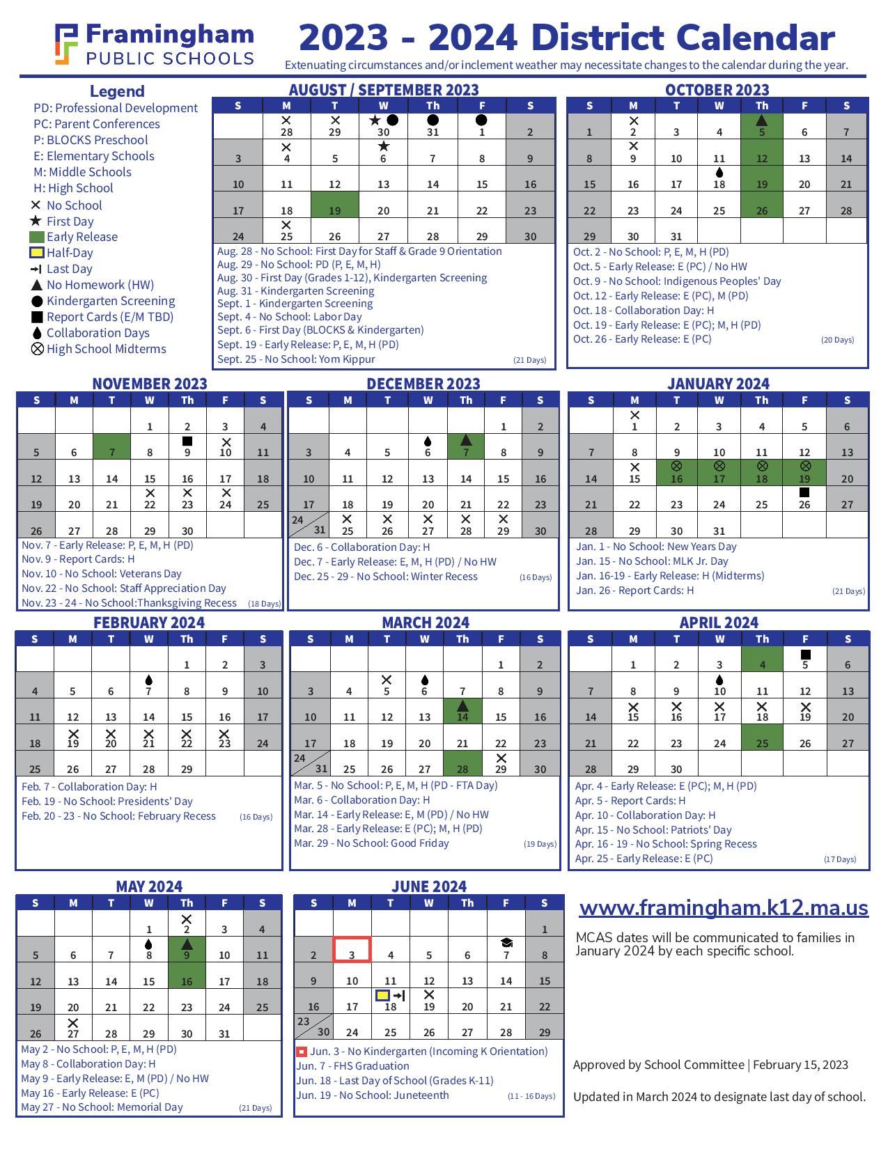 Framingham Public Schools Calendar 2024 (Massachusetts)