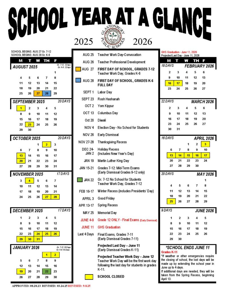 Glastonbury Public Schools Calendar 2025-2026