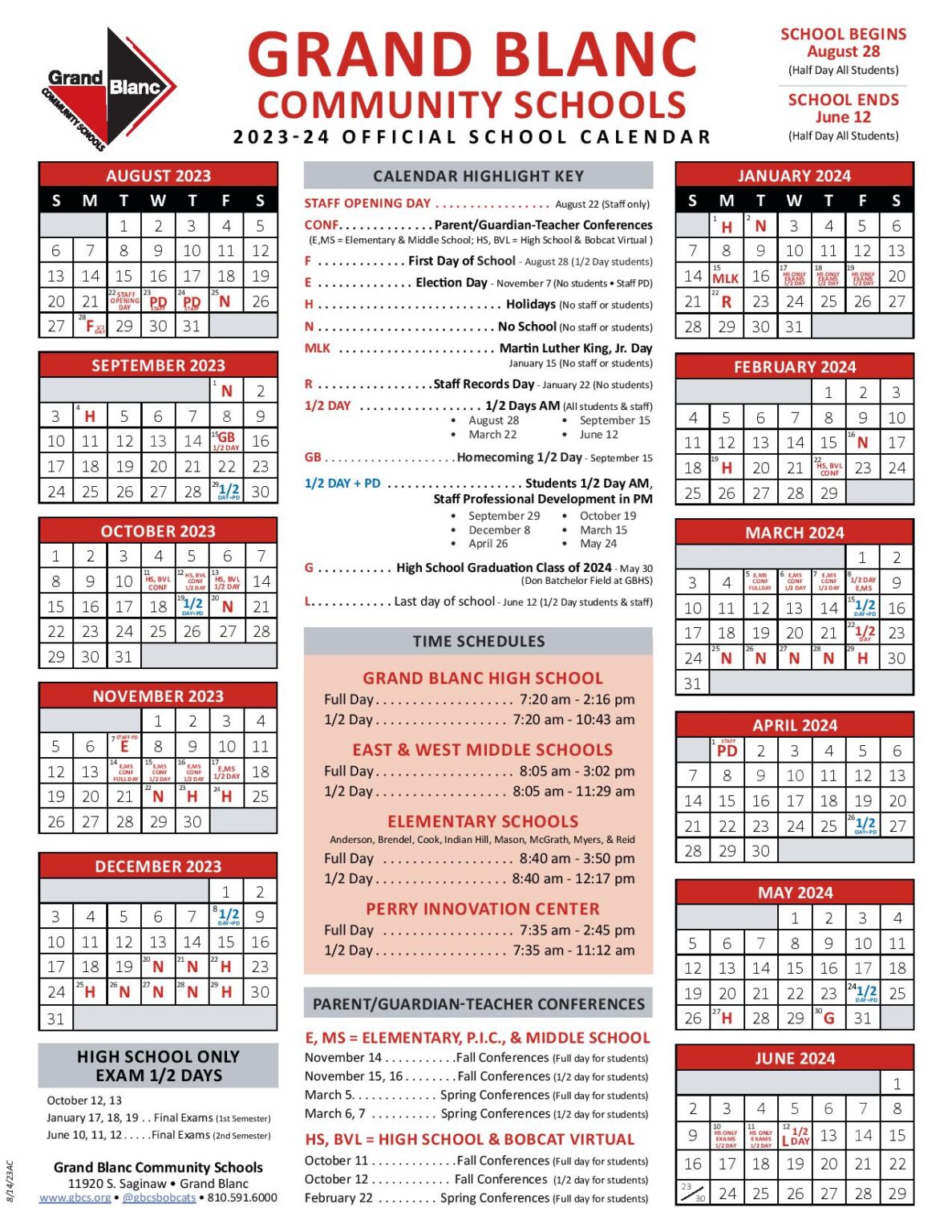 Grand Blanc Community Schools Calendar 2024 In PDF
