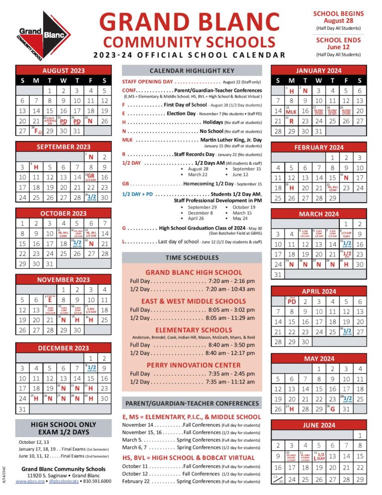 Grand Blanc Community Schools Calendar 2024 In PDF