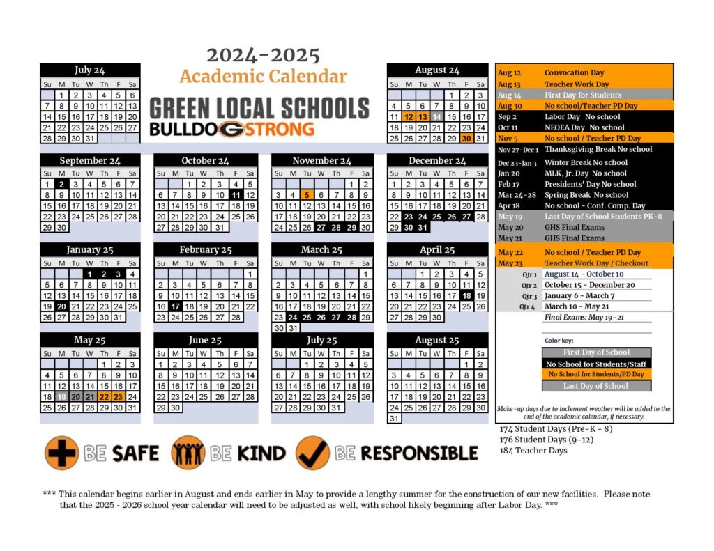 Green Local Schools Calendar 2024 in PDF