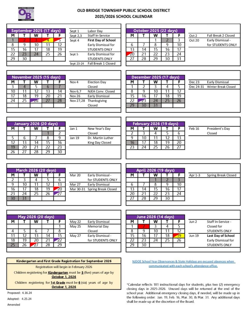 Old Bridge Township Public Schools Calendar 2025-2026