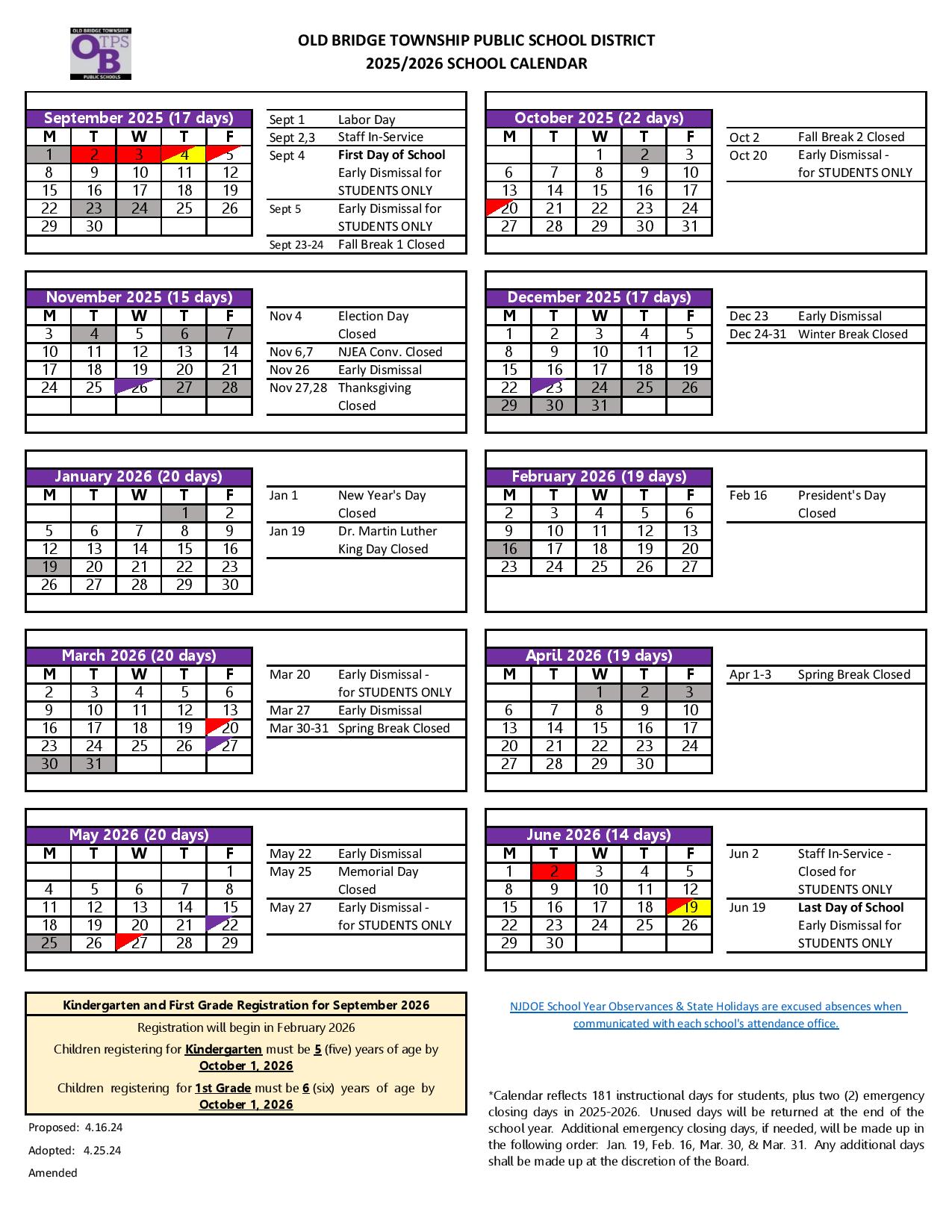 Old Bridge Township Public Schools Calendar 20252026