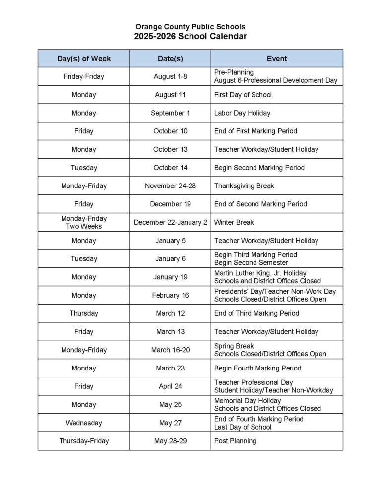 Orange County Public Schools Calendar 20252026 OCPS Calendar