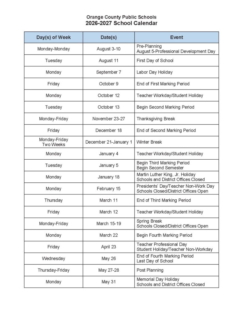 Orange County Public Schools Calendar 2026-2027