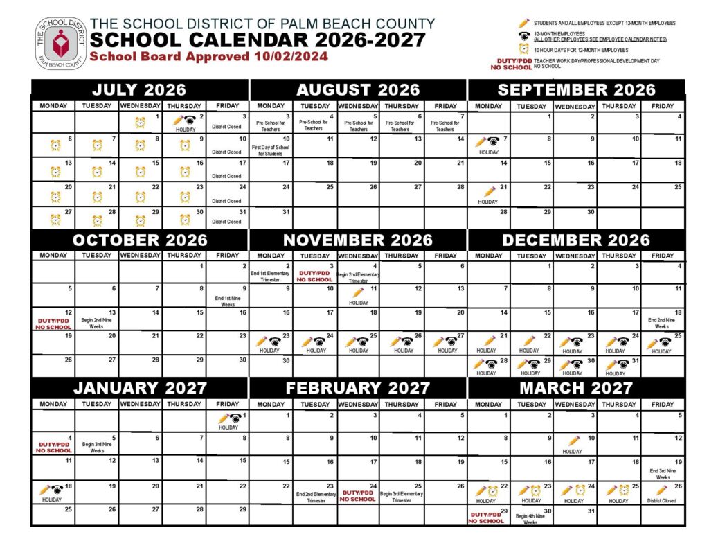 2026-2027 Palm Beach County School District Calendar