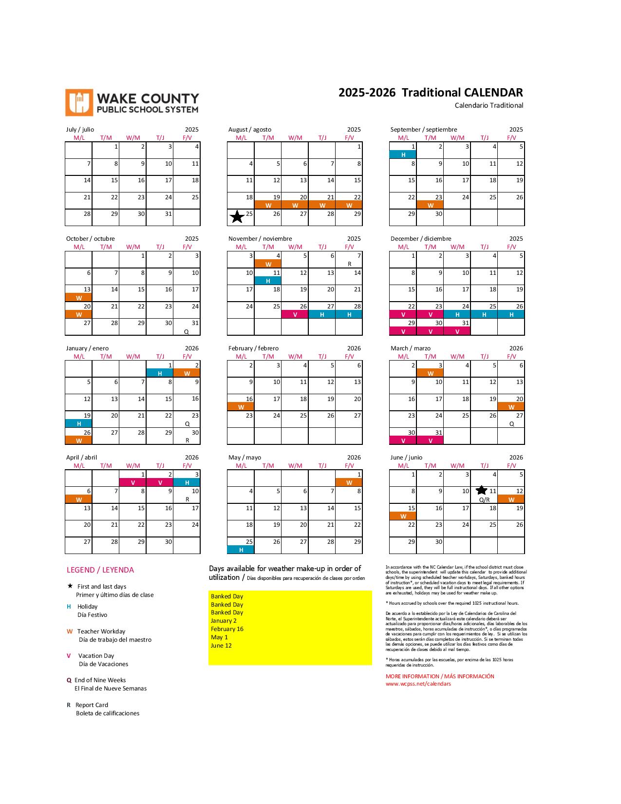 Wake County Public Schools Calendar Holidays 2025-2026 PDF ...