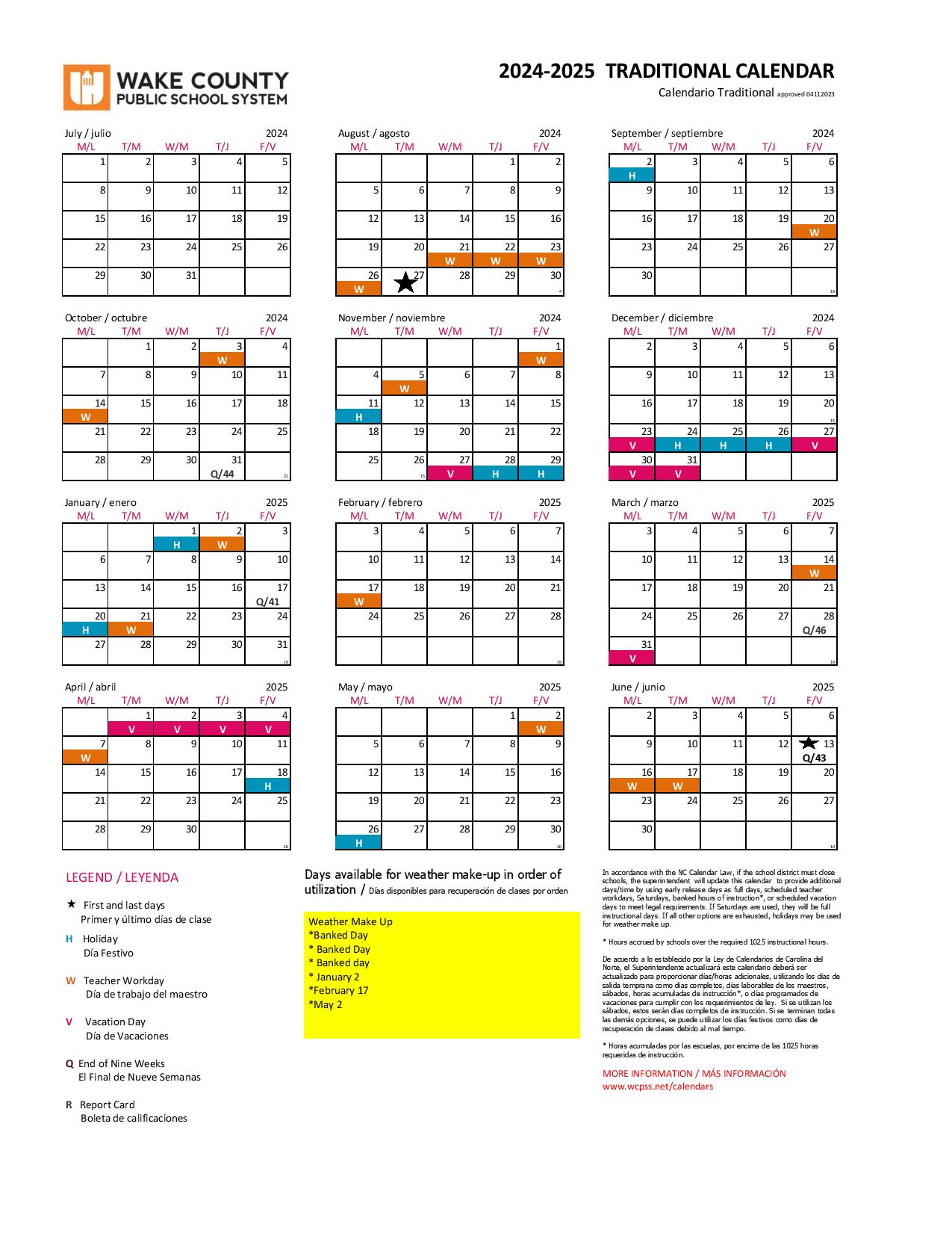 Wake County Public Schools Calendar Holidays 20242025 PDF