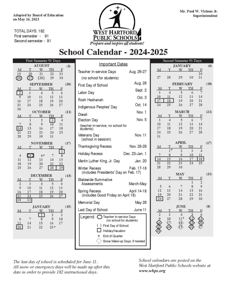 West Hartford Public Schools Calendar 20242025 in PDF