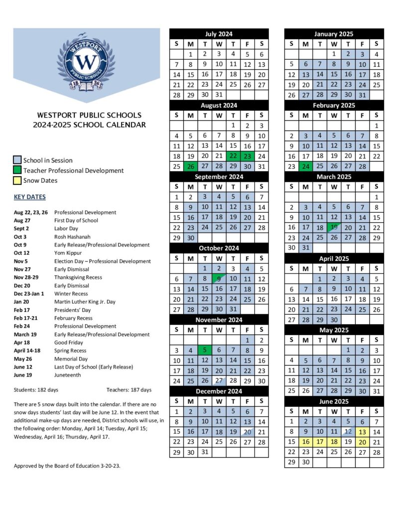 Westport Public Schools Calendar 20242025 in PDF