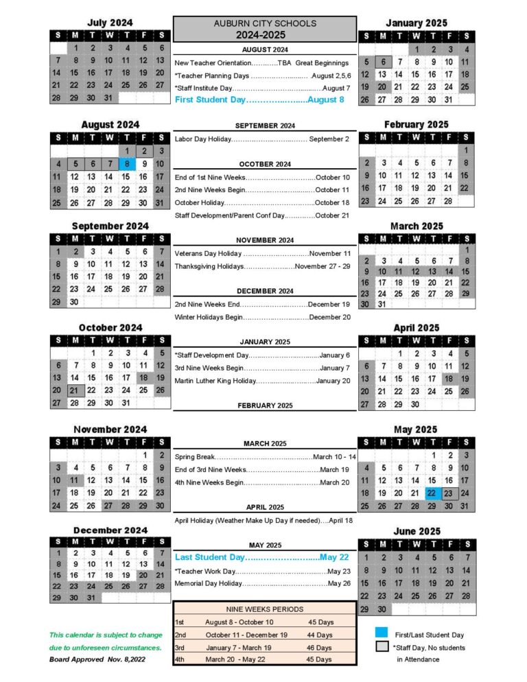 Auburn City Schools Calendar 20242025 in PDF