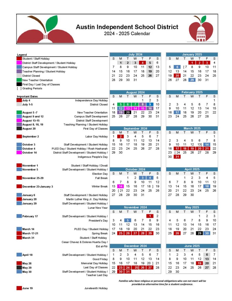 Austin Independent School District 2025 Calendar Clayton M Johnson