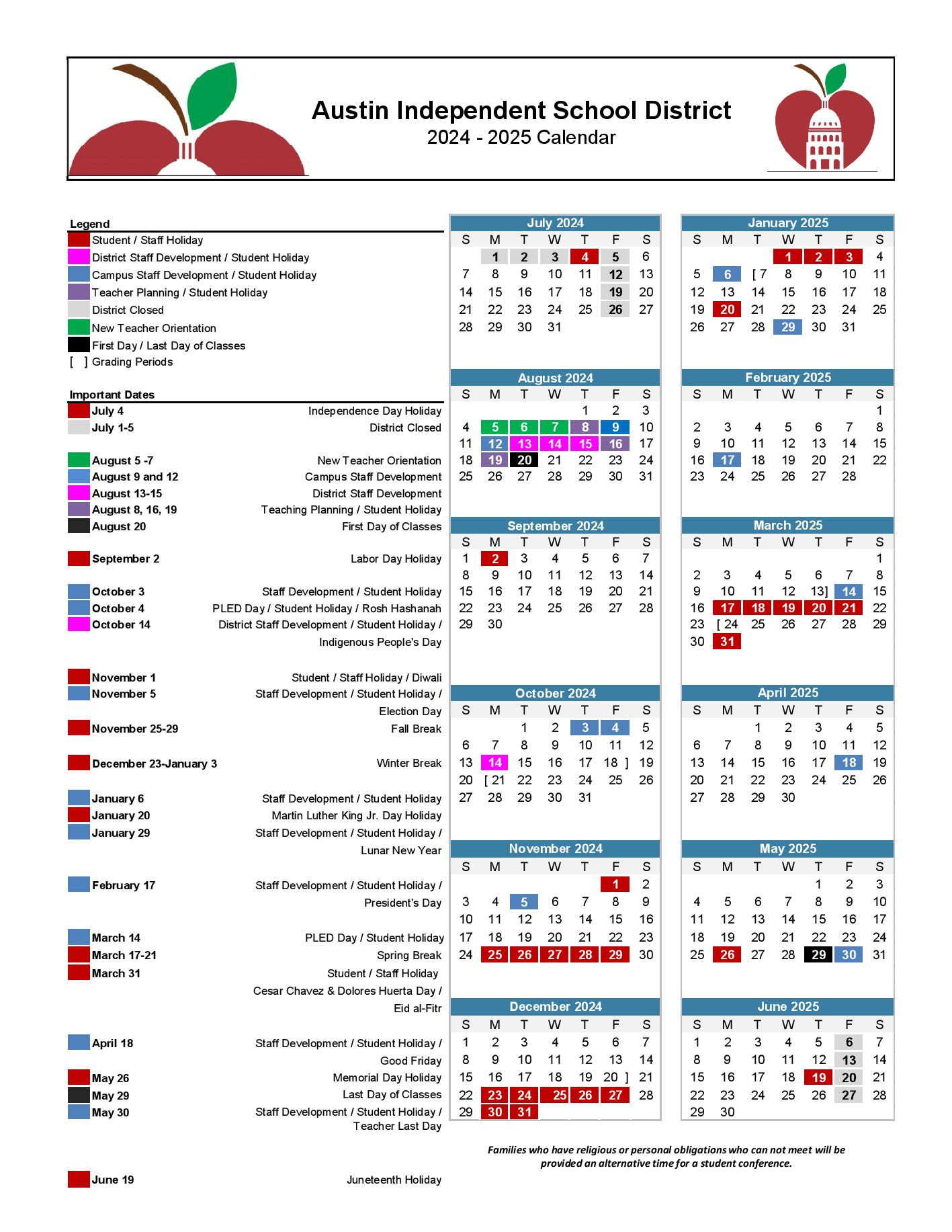 Austin Independent School District Calendar 20242025