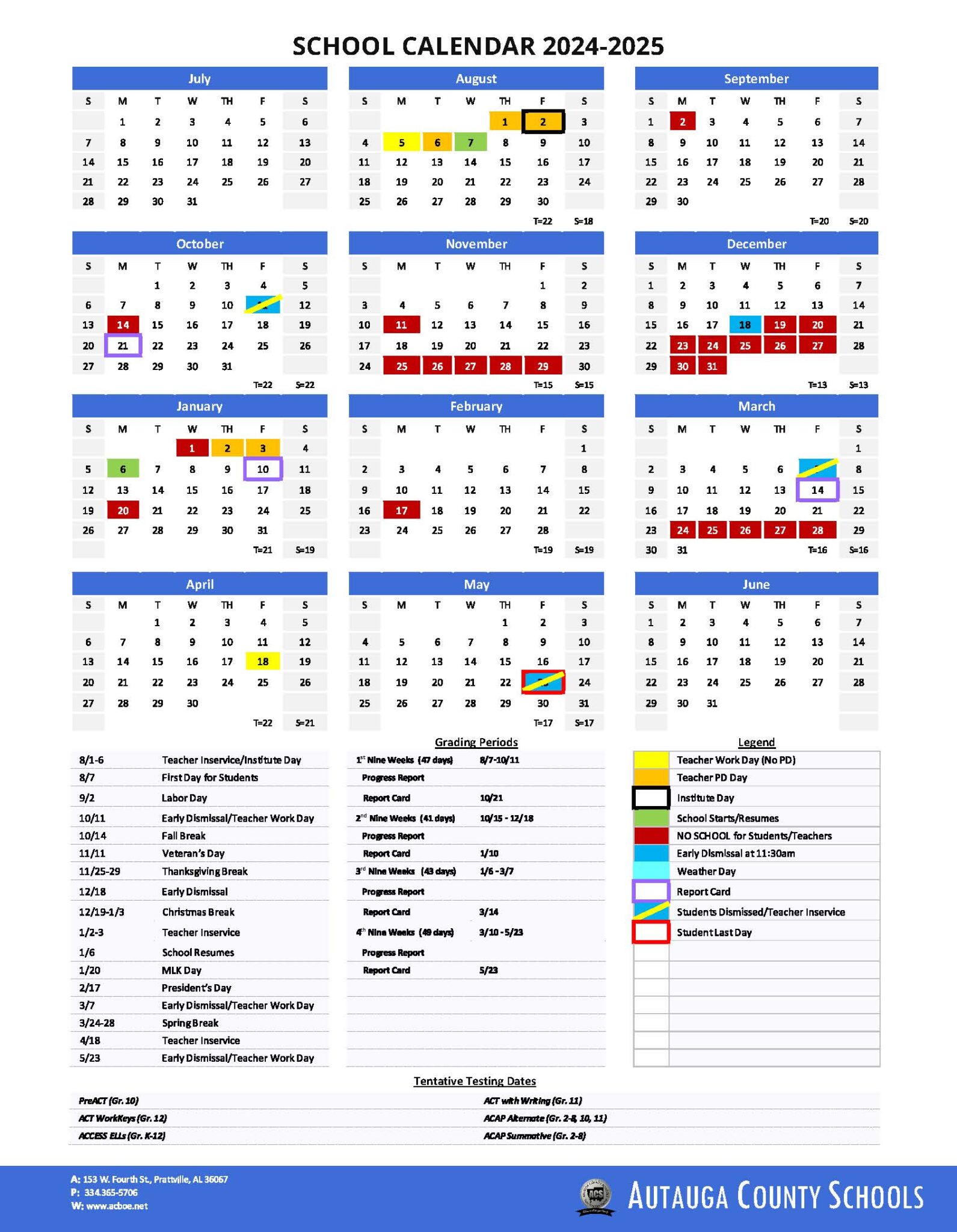 Autauga County Schools Calendar 2024-2025 in PDF