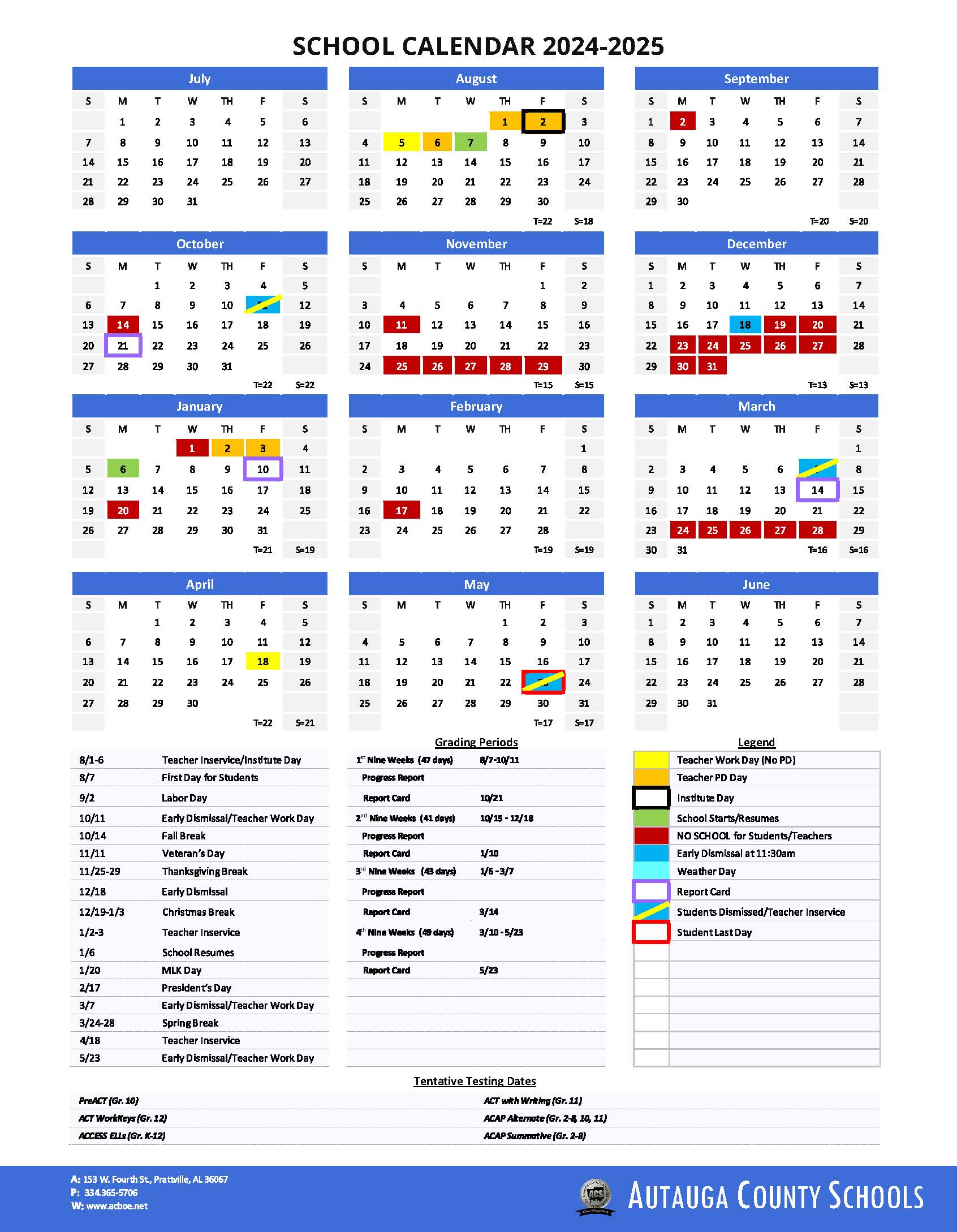 Autauga County Schools Calendar 20242025 in PDF