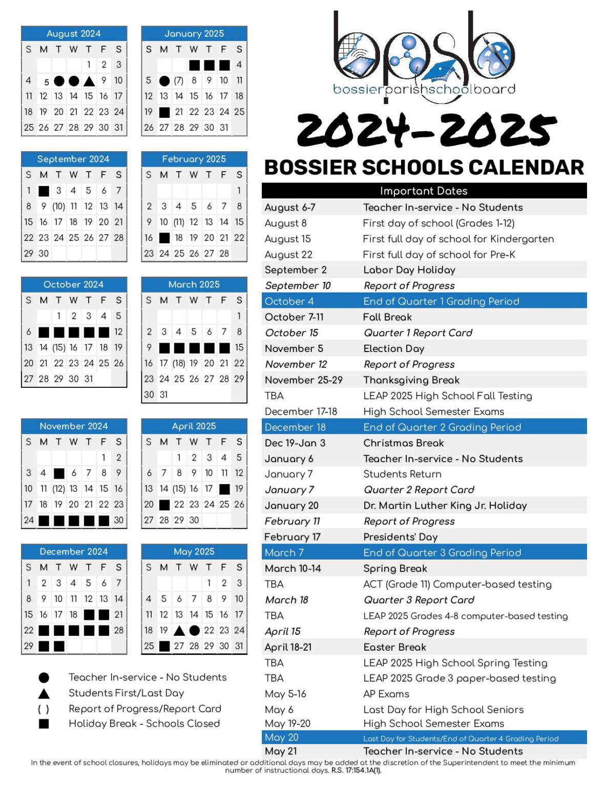 Bossier Parish Schools Calendar 2024 2025 in PDF Bossier Parish Schools Calendar 2024 2025 in PDF