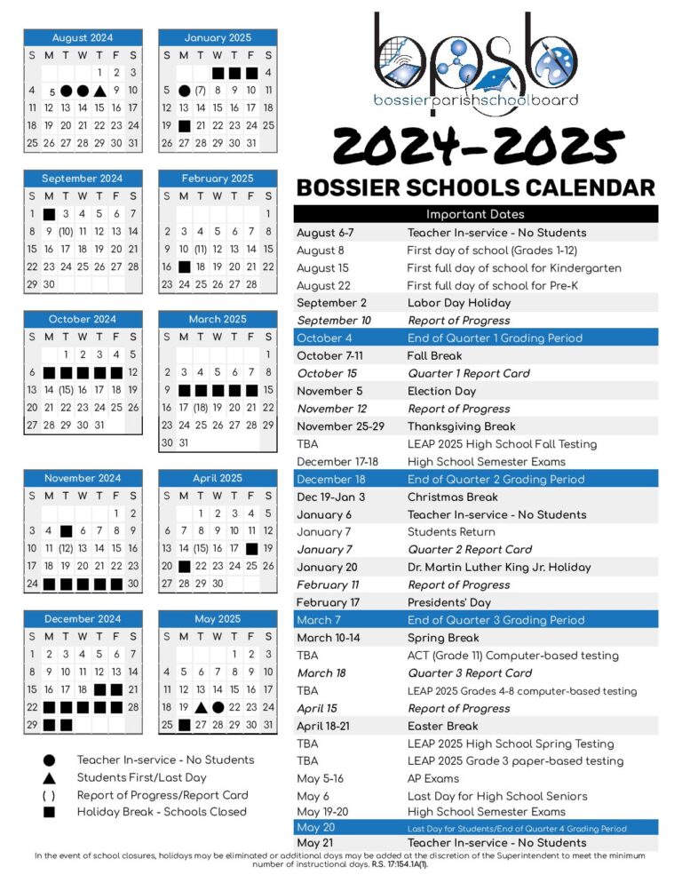 Bossier Parish Schools Calendar 20242025 in PDF