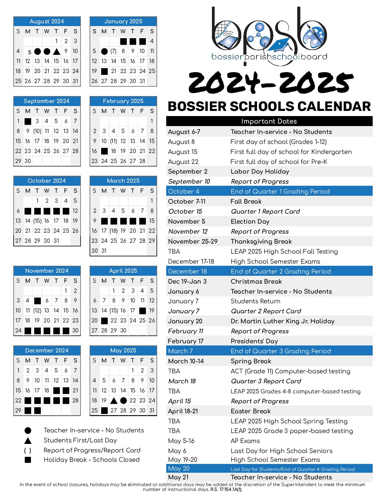 Bossier Parish Schools Calendar 2024-2025 in PDF