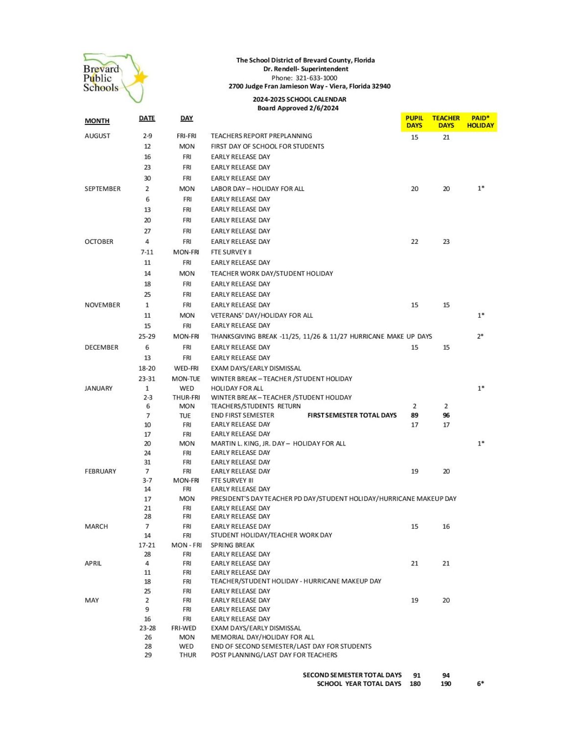 Brevard Public Schools Calendar Holidays 20242025 PDF