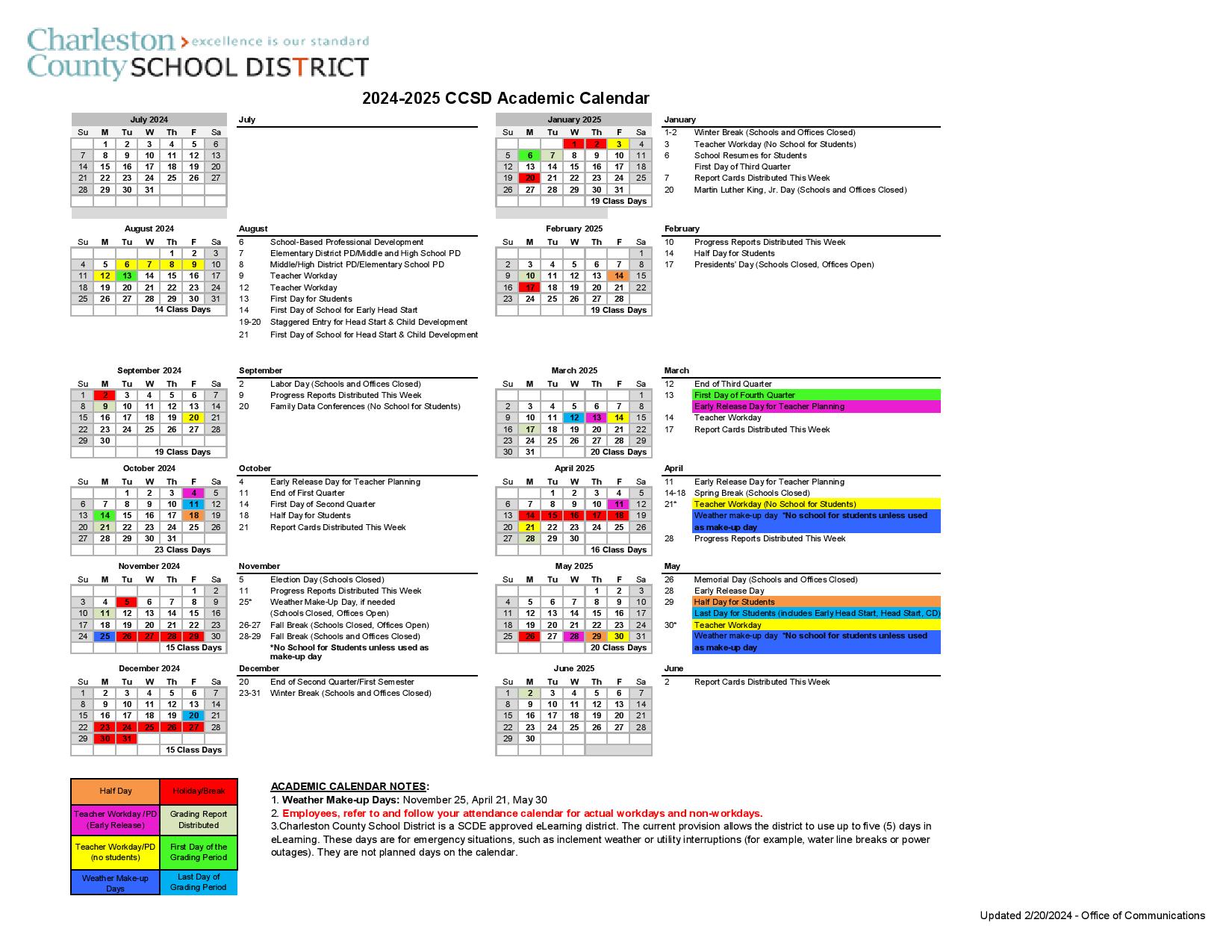 Charleston County School District Calendar 2024-2025 in PDF