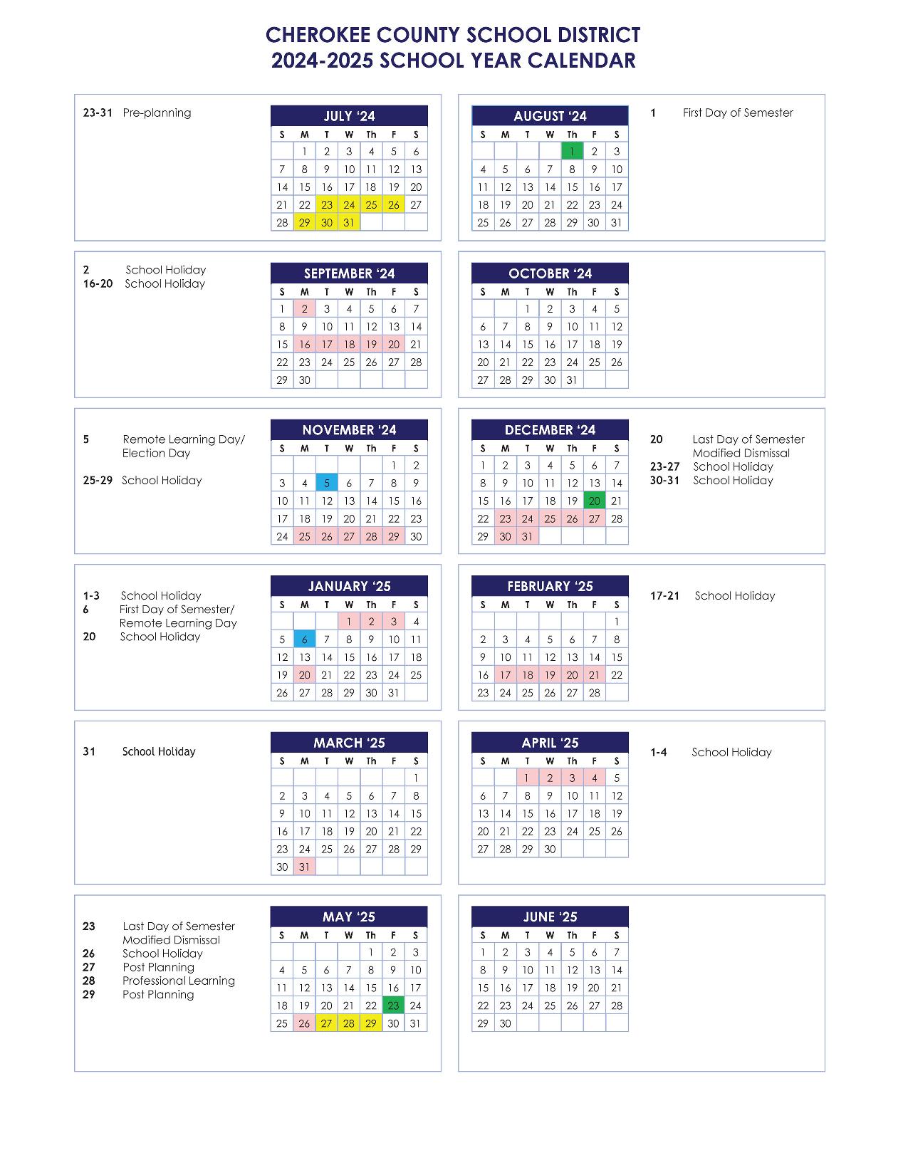 Cherokee County School District Calendar 20242025 in PDF