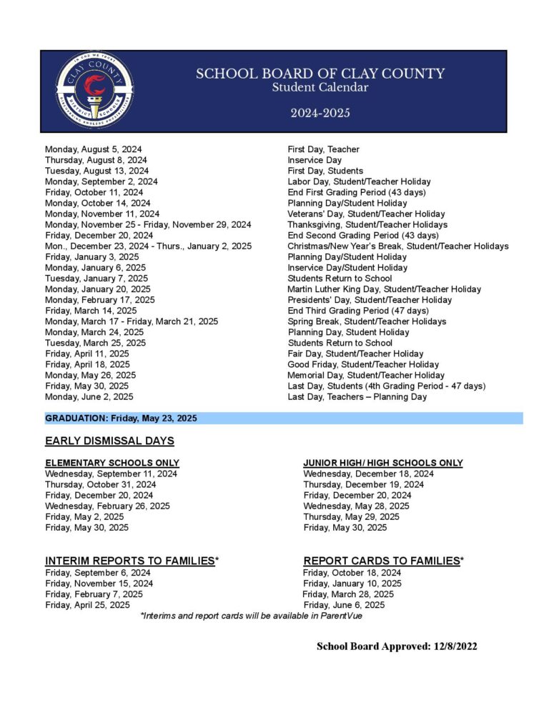 Clay County School District Calendar Holidays 20242025 PDF