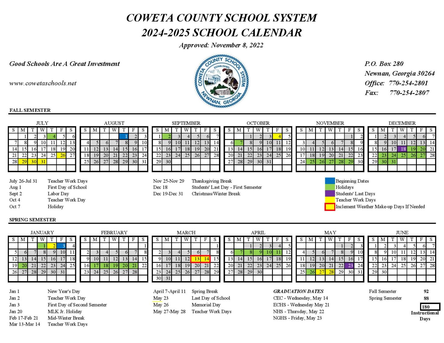 Coweta County Schools Calendar 20242025 in PDF