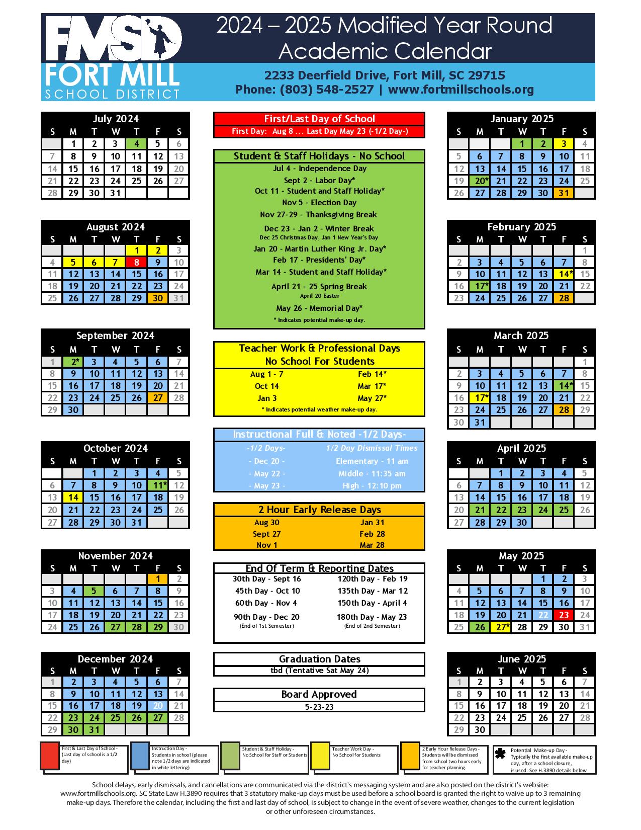 Fort Mill School District Calendar 20242025 in PDF