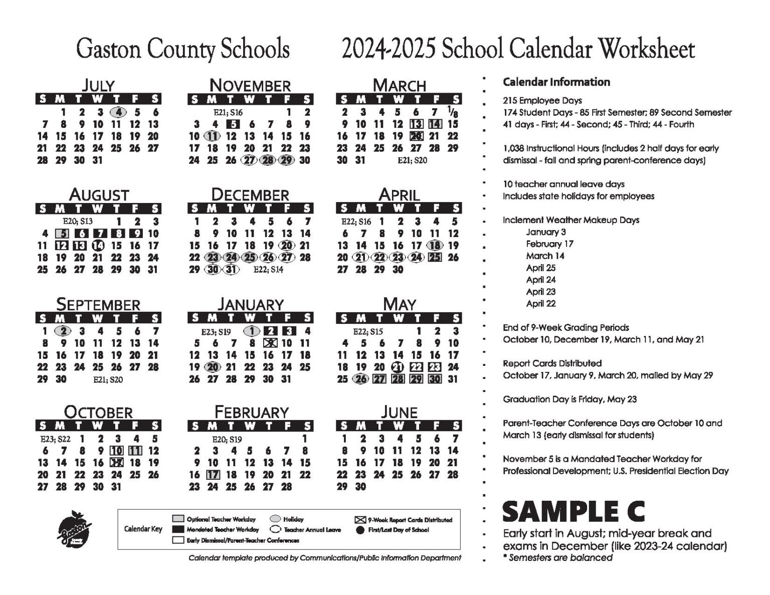 Gaston County Schools Calendar 20242025 in PDF