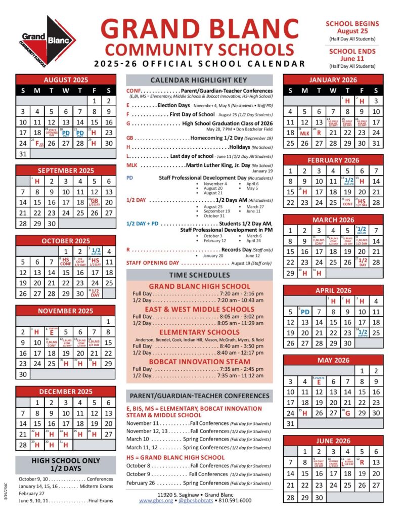Grand Blanc Community Schools Calendar 2025-2026