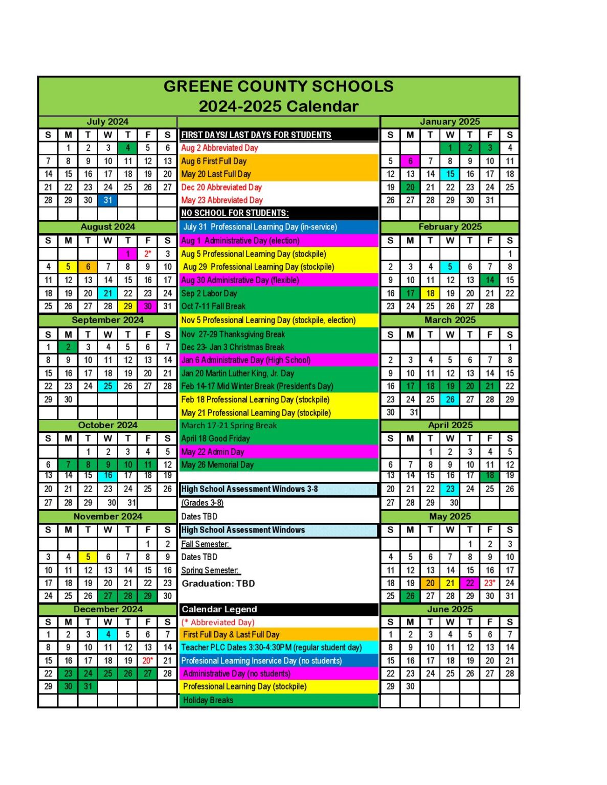 Greene County Schools Calendar 20242025 in PDF