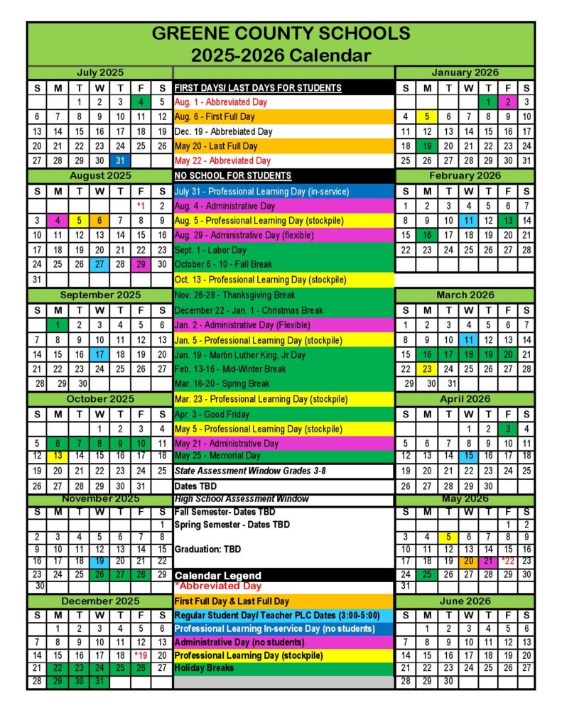 Greene County Schools Calendar 2025-2026