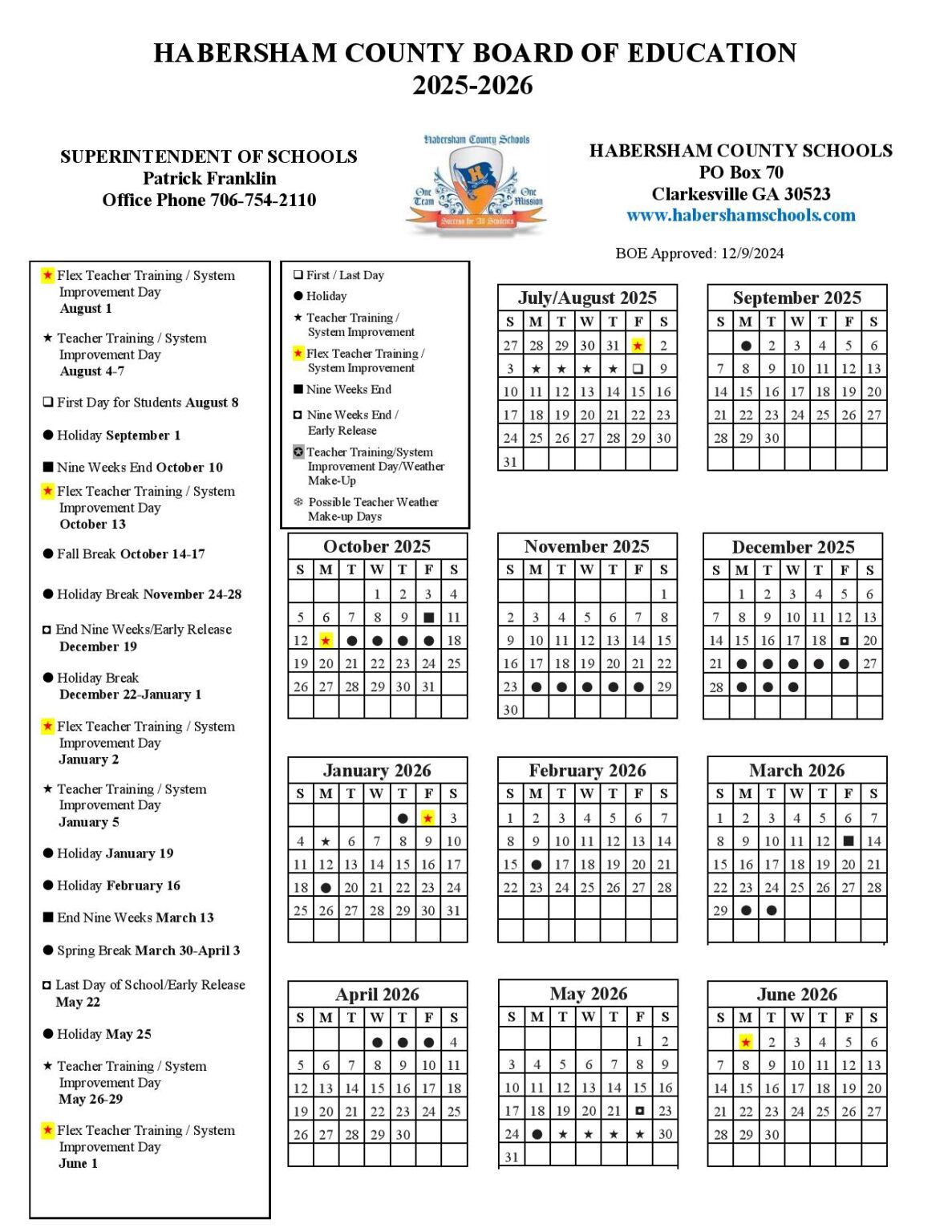 Habersham County Schools Calendar 2025 2026 in PDF