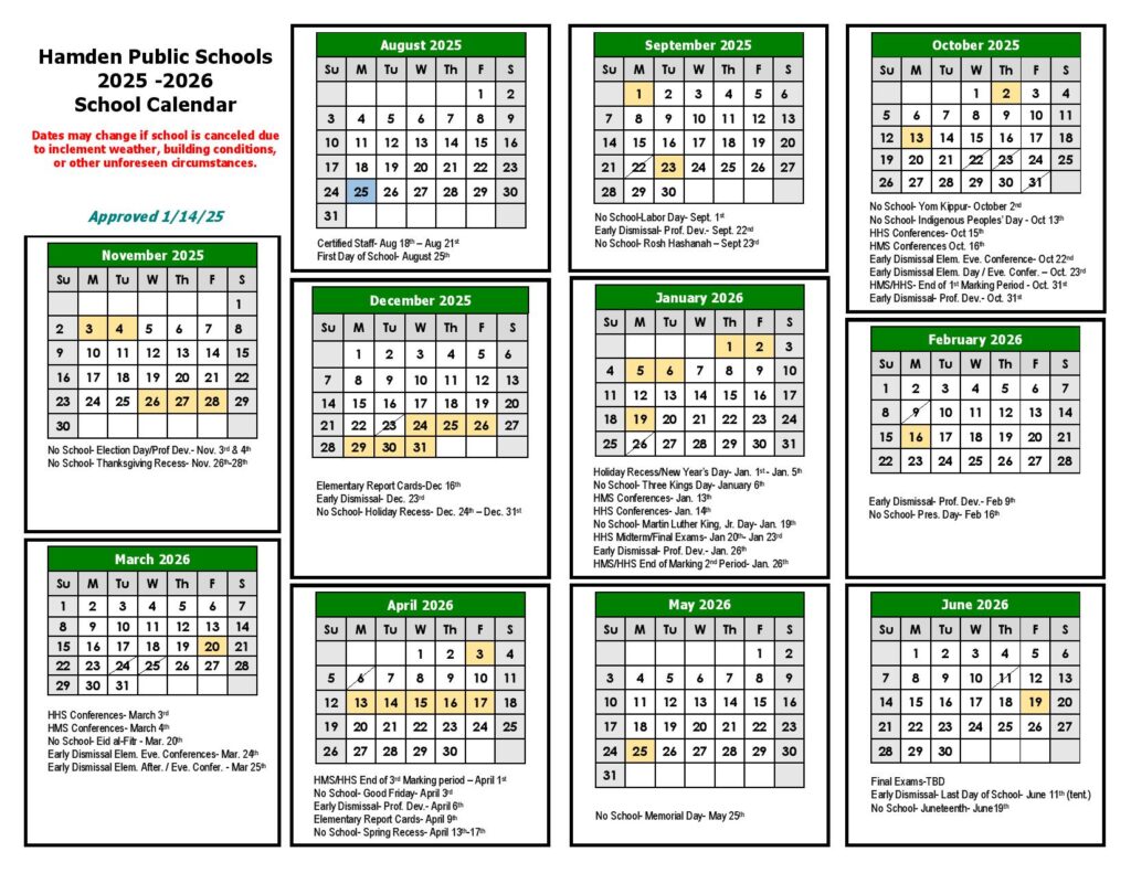 Hamden Public Schools Calendar 2025-2026
